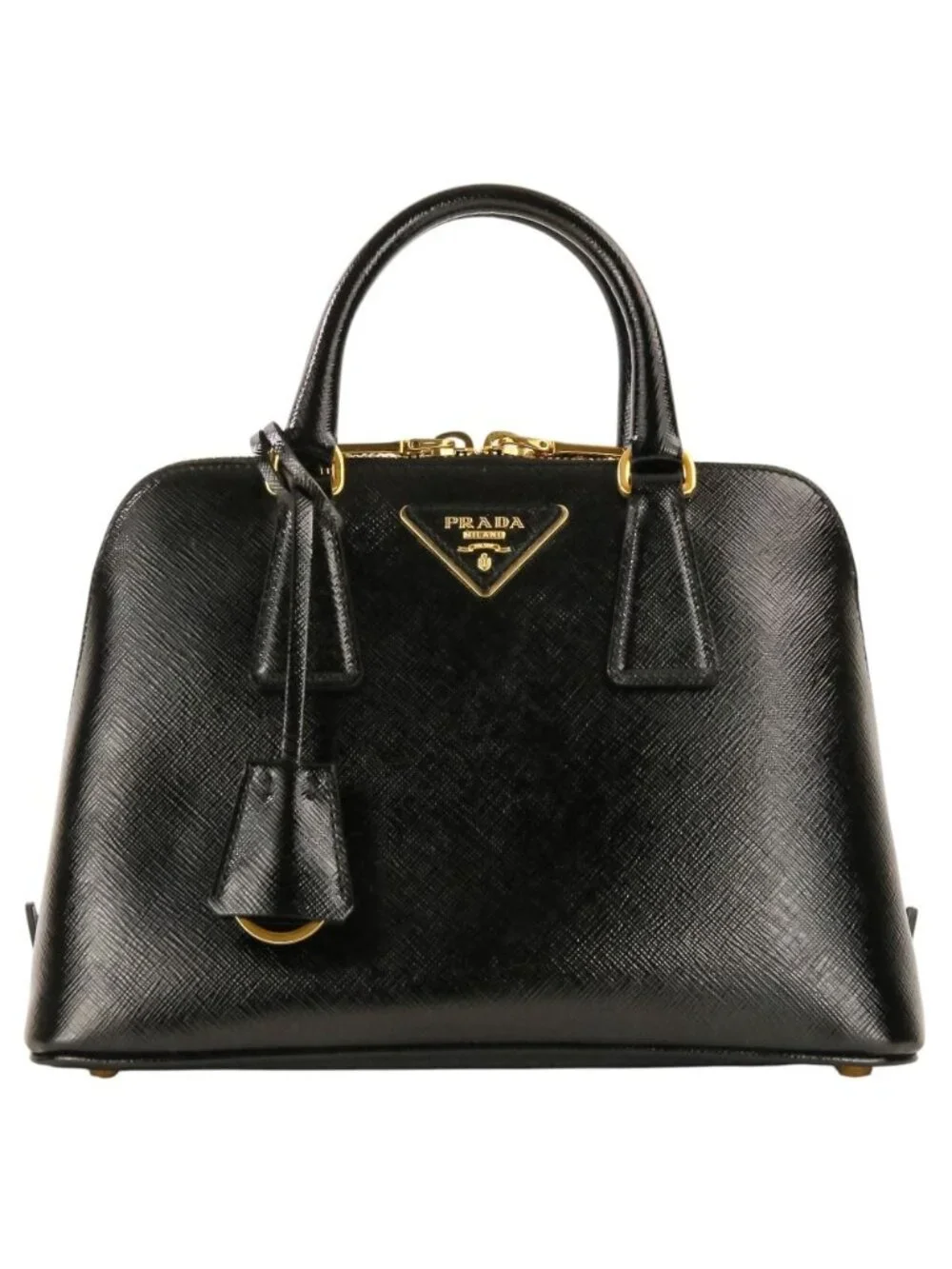 Prada Triangle Logo Leather Saffiano Vernis Clock 2-Way Shoulder Bag Black